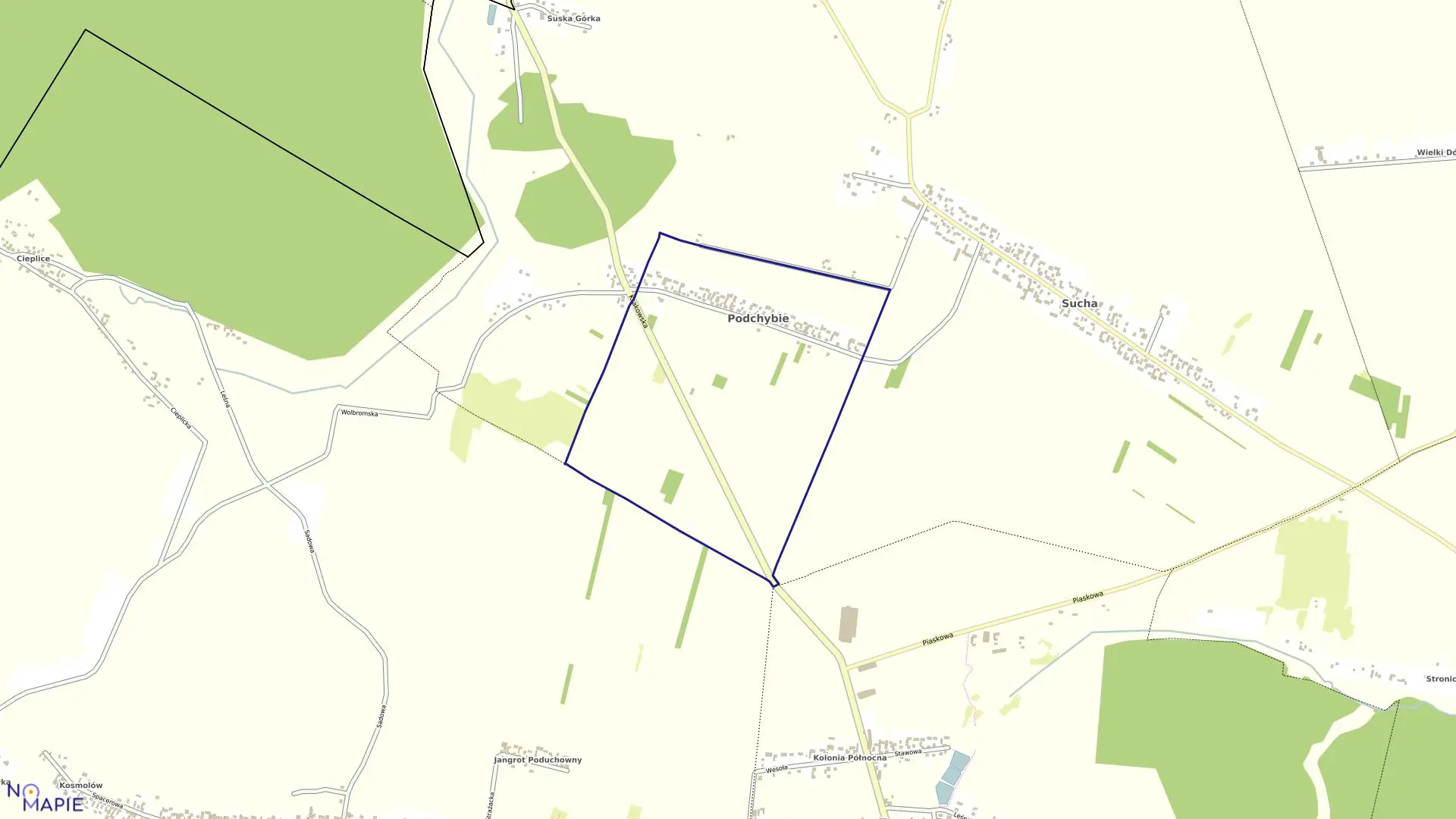 Mapa obrębu Podchybie w gminie Trzyciąż